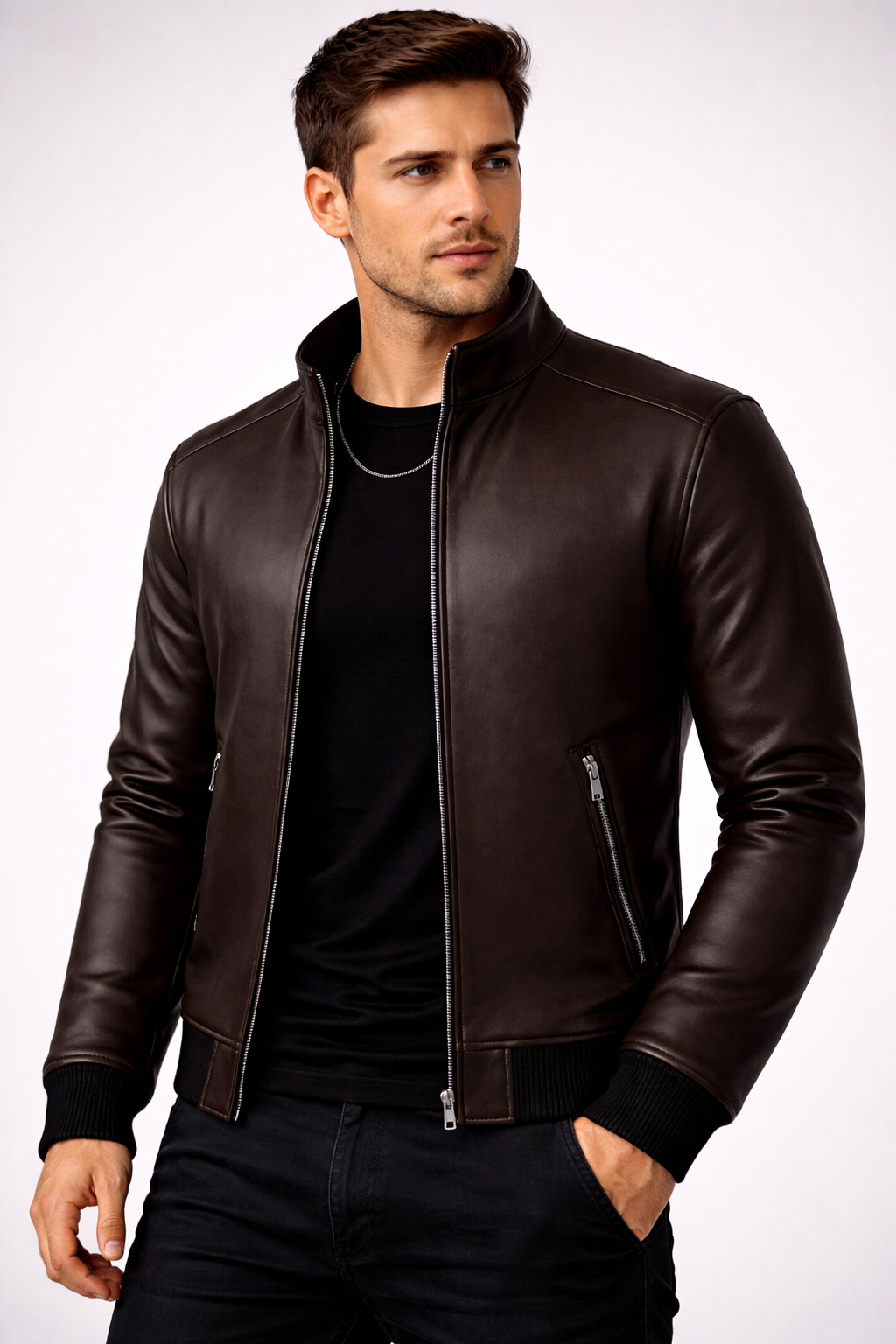 Erkek kahverengi Deri Dik Yaka Fermuarlı Slim Fit Ceket – Modern & Şık Tasarım